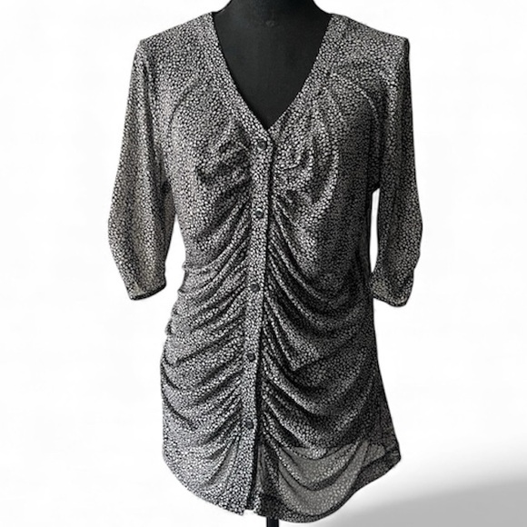 CAbi #241 Gathered Placket Sheer Blouse Womens Large ruched front animal print - Picture 2 of 10